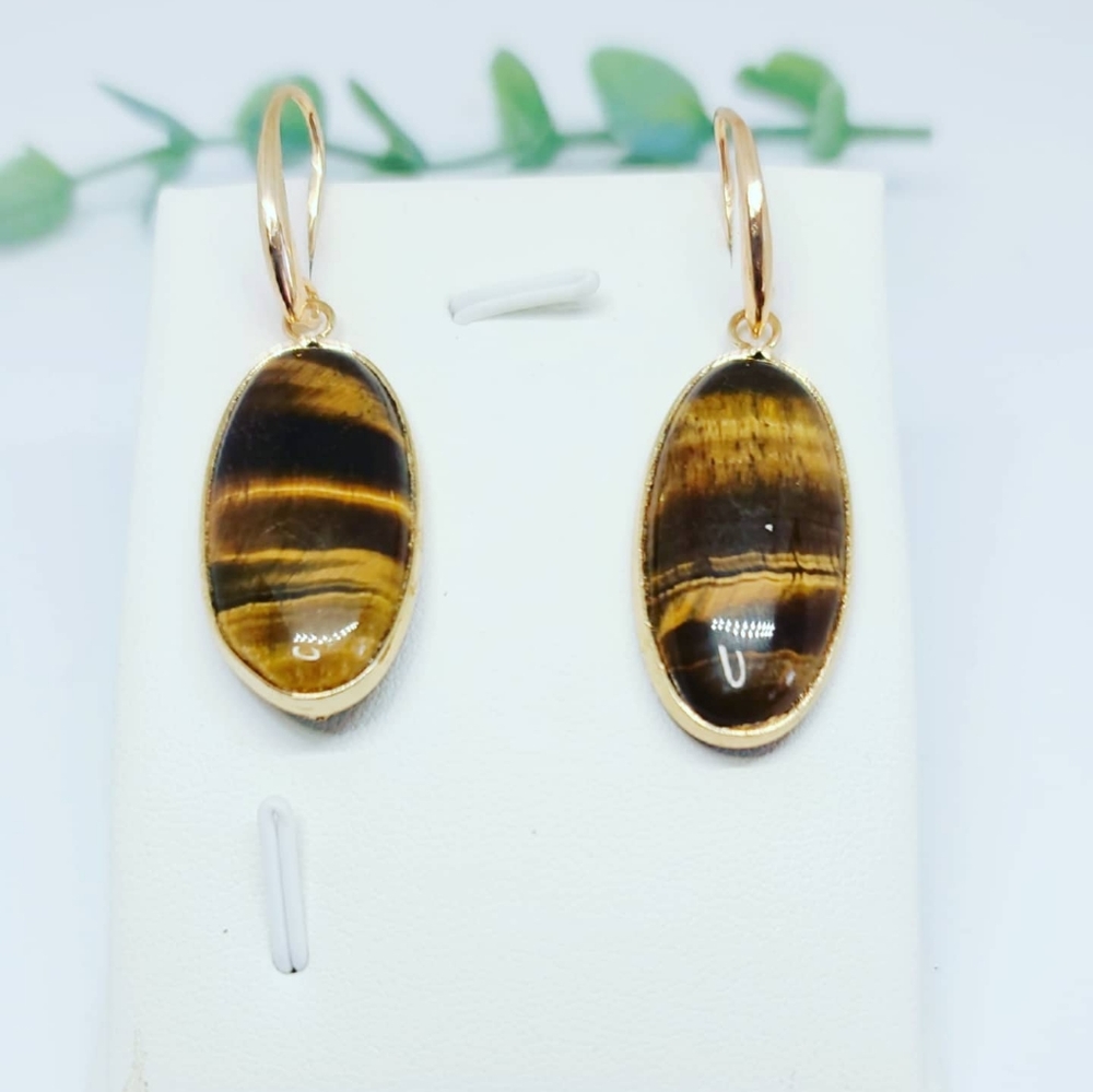 Tiger Eye Long Earrings in gold plated metal ✨